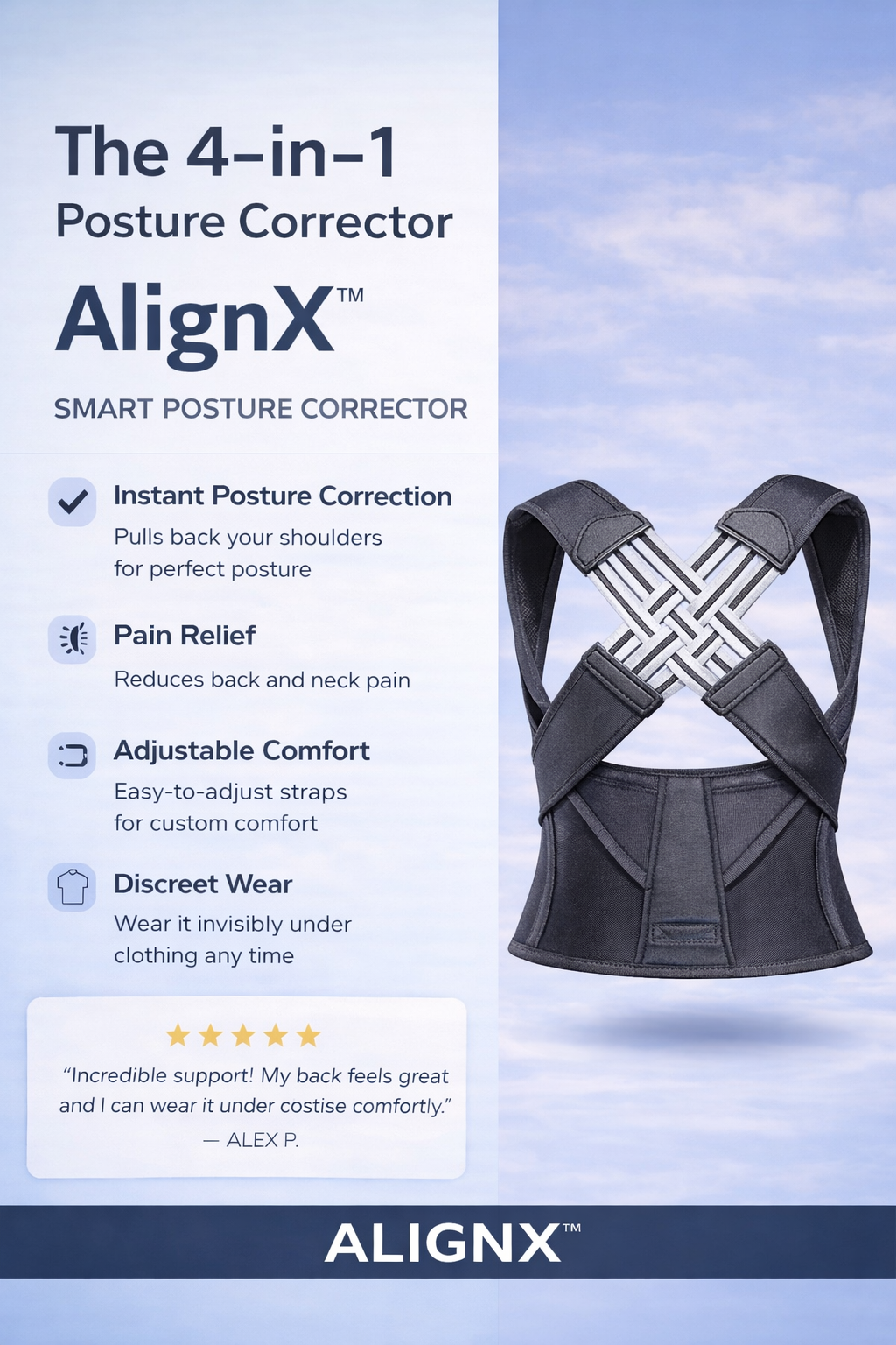 AlignX™ Smart Posture Corrector – Ergonomic Back Support for Pain-Free Living